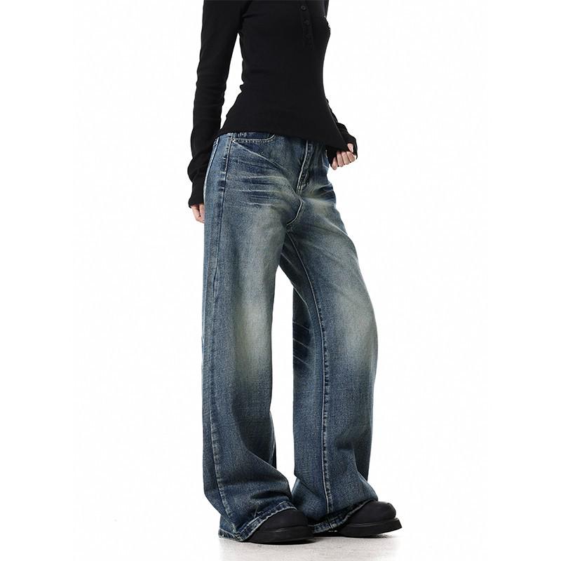 Vintage Washed Whiskered Unisex Straight-Leg Micro Flare Floor-Length Jeans