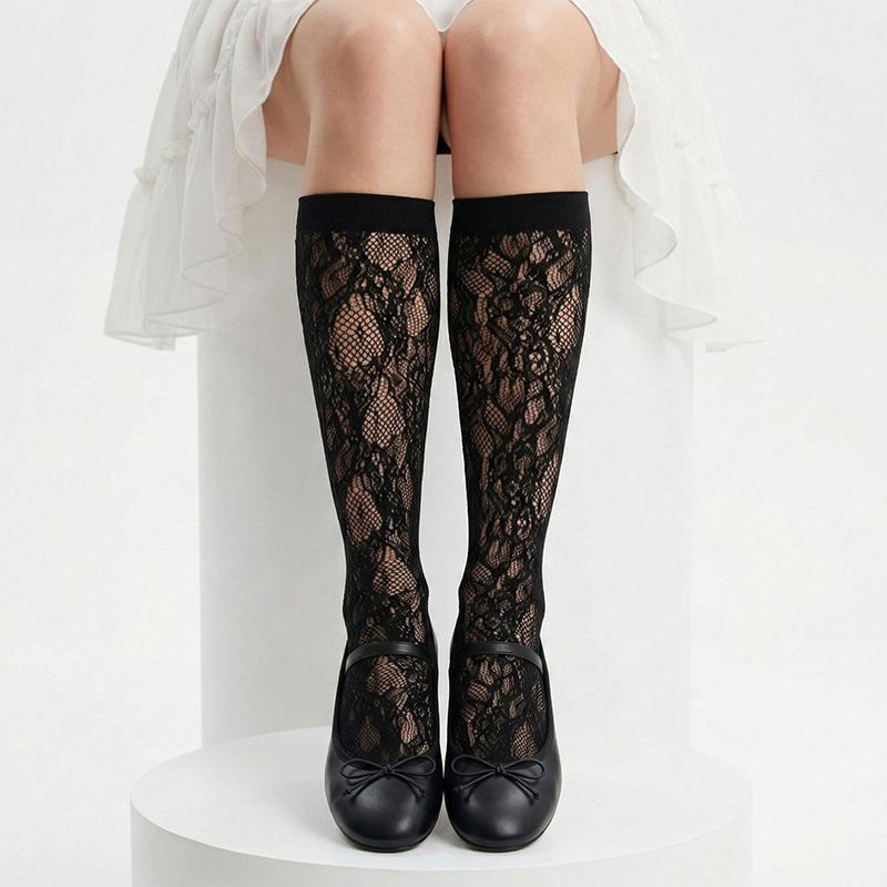 Lace Stockings Openwork Heart Jacquard White Calf Socks Students Thin Mid-Calf Socks