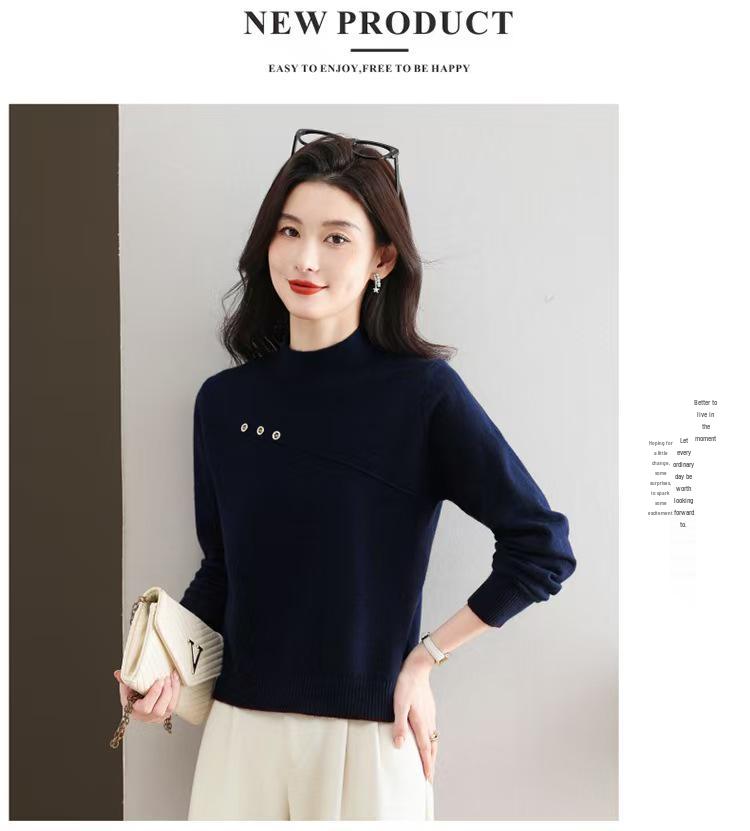 Women's Wool Fleece Sweater with Semi-High Neck for Autumn and Winter