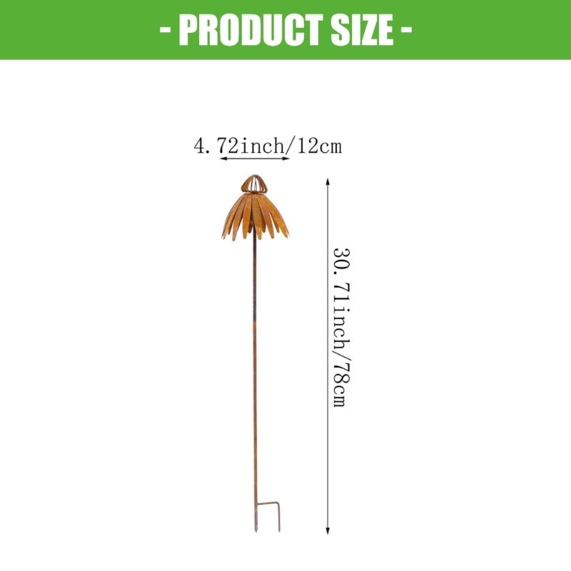 Rusty Echinacea Garden Art Stake Iron Plant Sculpture Weather Resistant Outdoor Decoration for Flower Beds Lawn