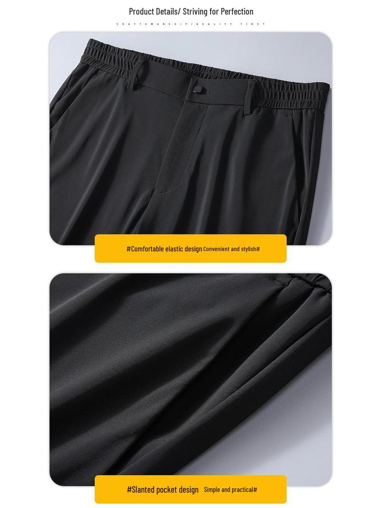 Men's High-End Quick-Drying Ice Silk Elastic Waist Straight-Leg Casual Business Pants