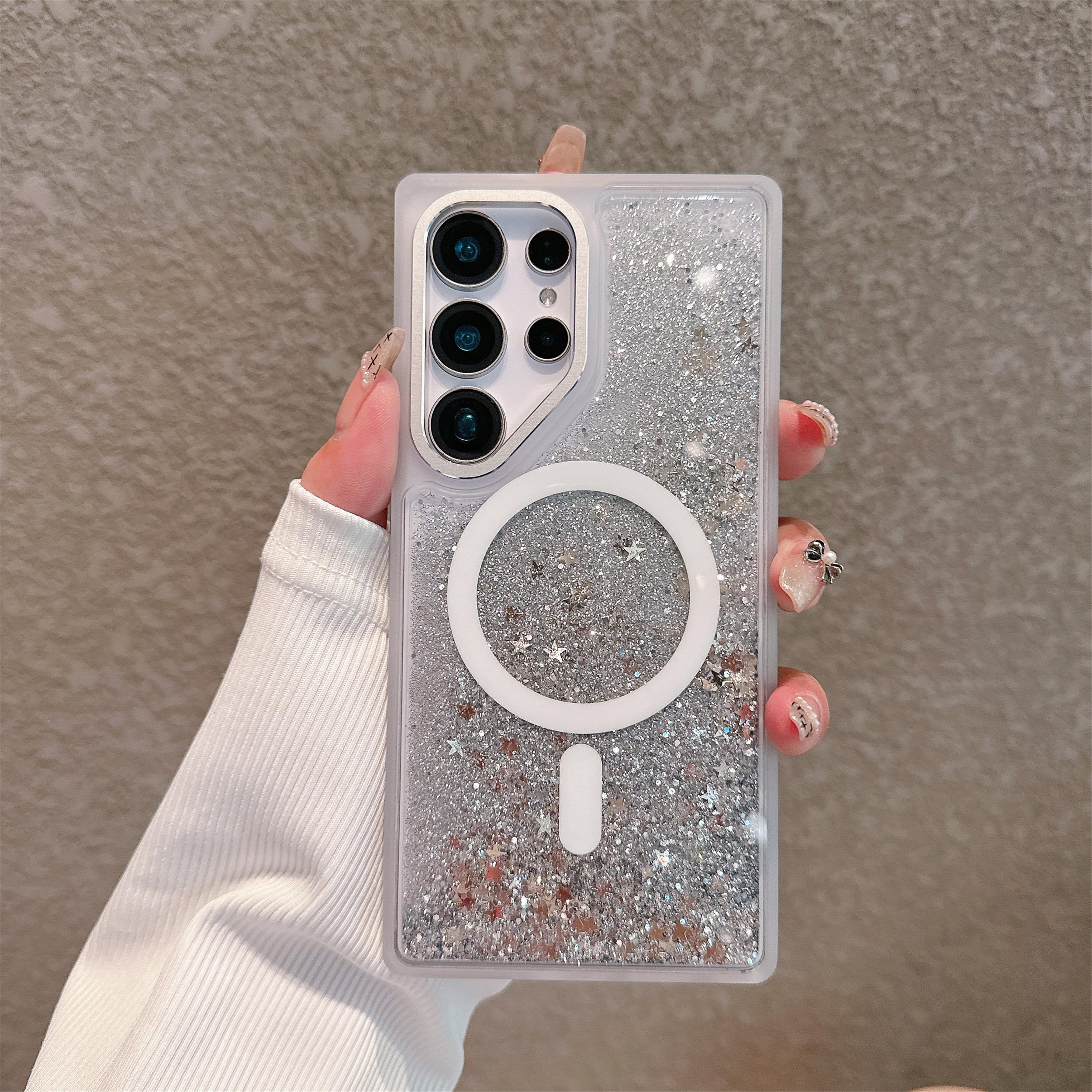 

For Samsung Galaxy S25 Ultra Case Compatible with MagSafe TPU+PC Quicksand Phone Cover Silver Star