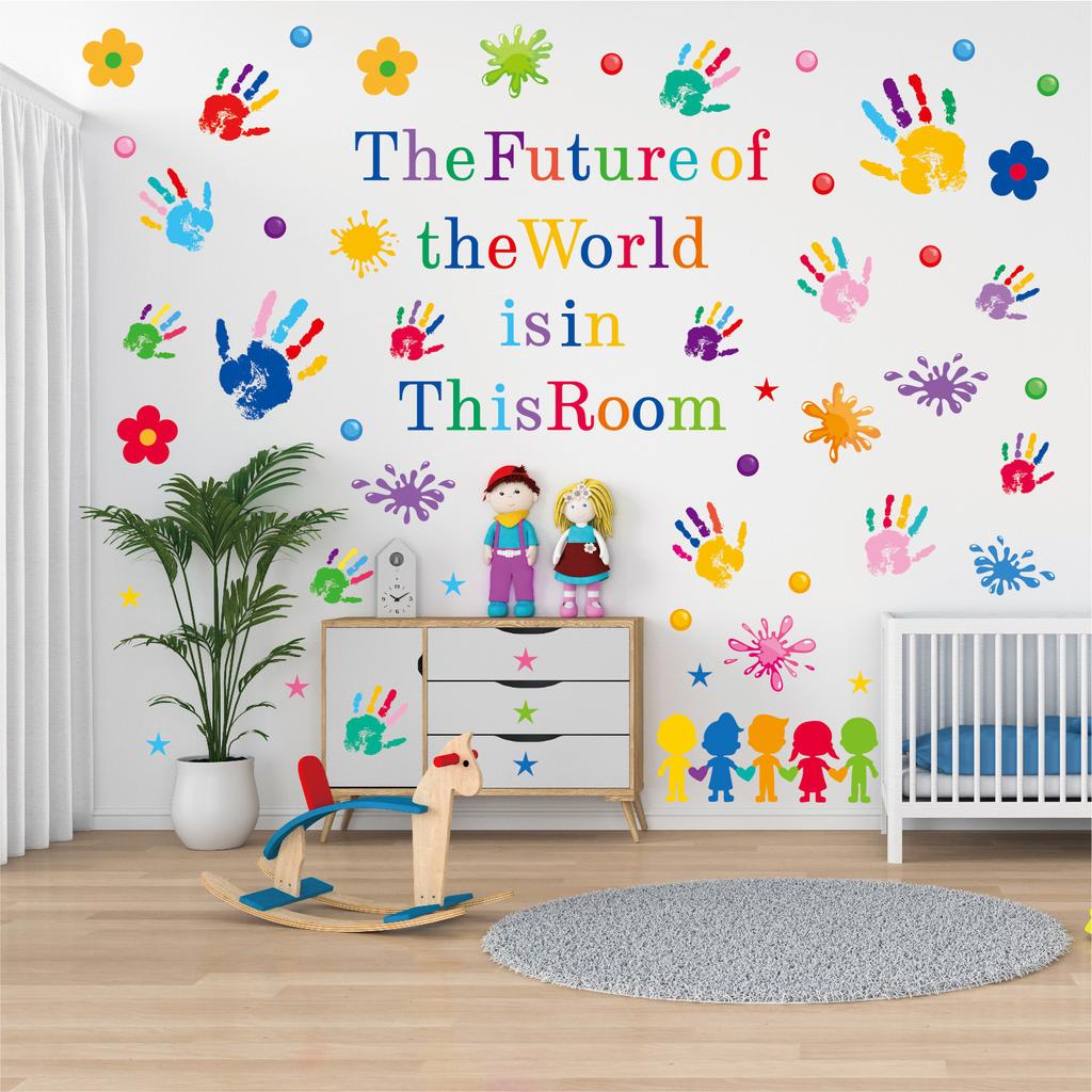 Colorful Handprint Wall Stickers Splash Water Rainbow Classroom Children's Room Starts School Season