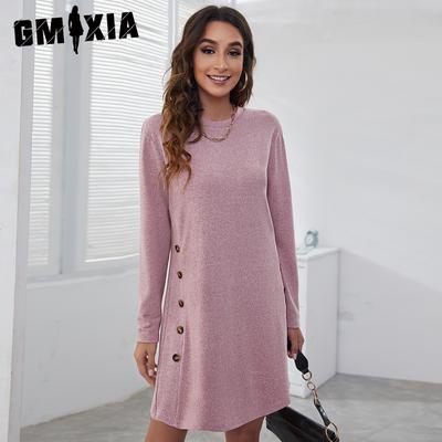 Women's Fashion Spring Autumn Solid Color Print O-Neck Long Sleeve Casual Dresses