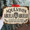 Metallposter Wandkunst Vintage Retro Spanisches Zitat AQUI VIVEN ABUELA ABUELO für Wohnzimmer