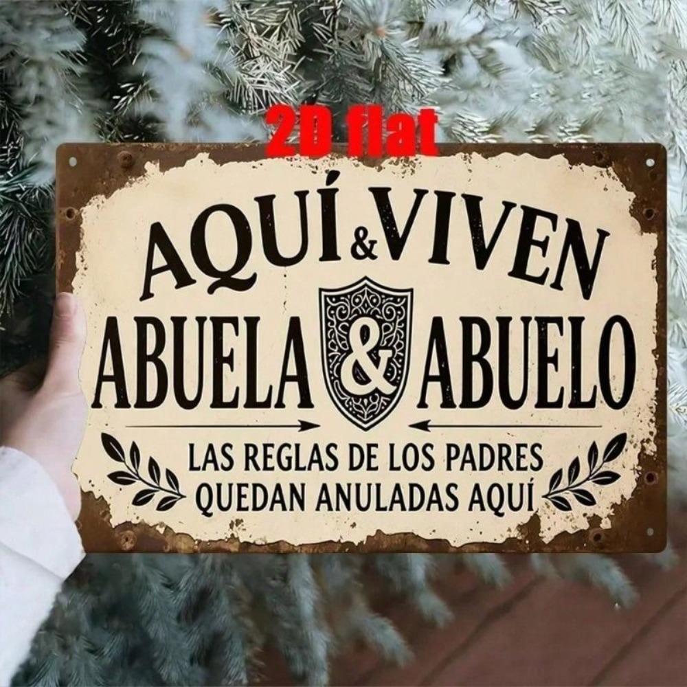 Metallposter Wandkunst Vintage Retro Spanisches Zitat AQUI VIVEN ABUELA ABUELO für Wohnzimmer