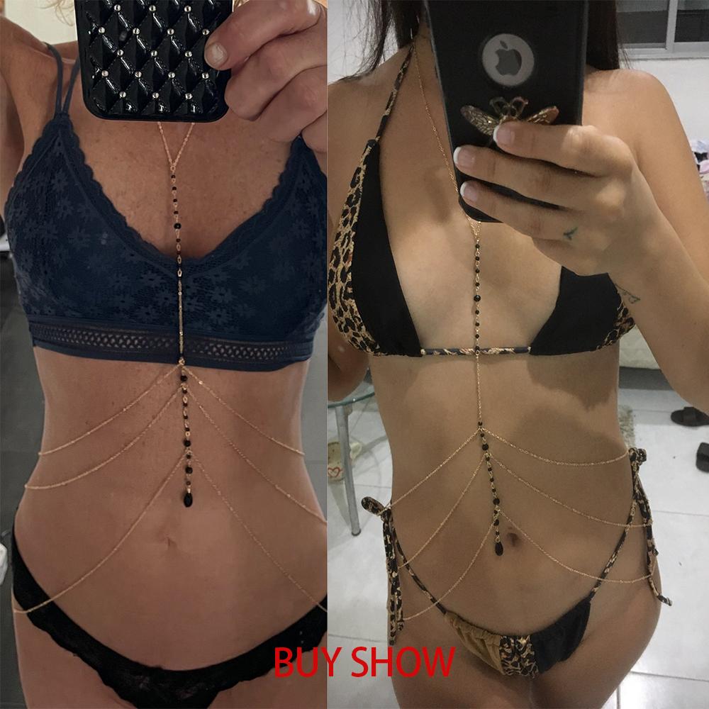 IngeSight.Z Simple Style Chain Necklace Belly Body Chain Fashion Sexy Copper Sequins Body Chain Jewelry for Women Beach Party