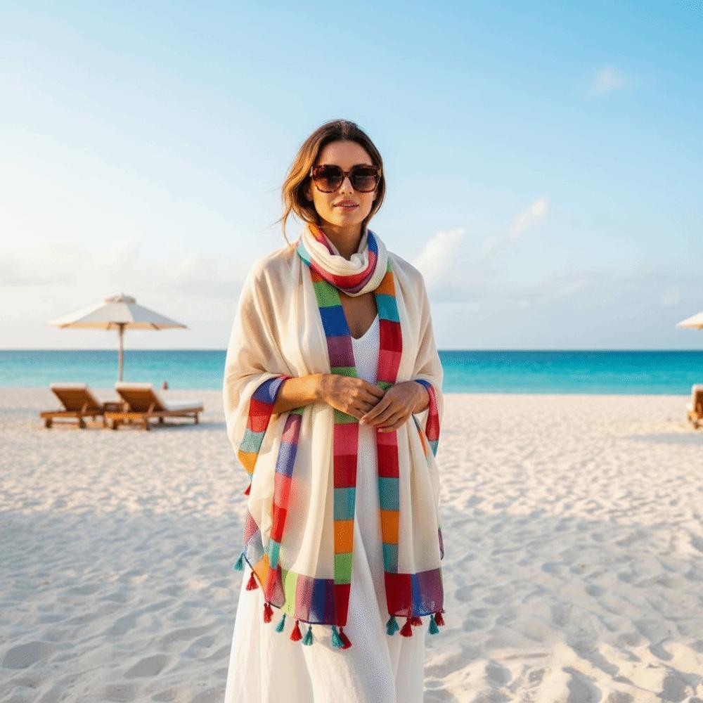 Tasseled Summer Shawl Color-Block Sunscreen Sarong Holiday Stole Beach Wrap Women
