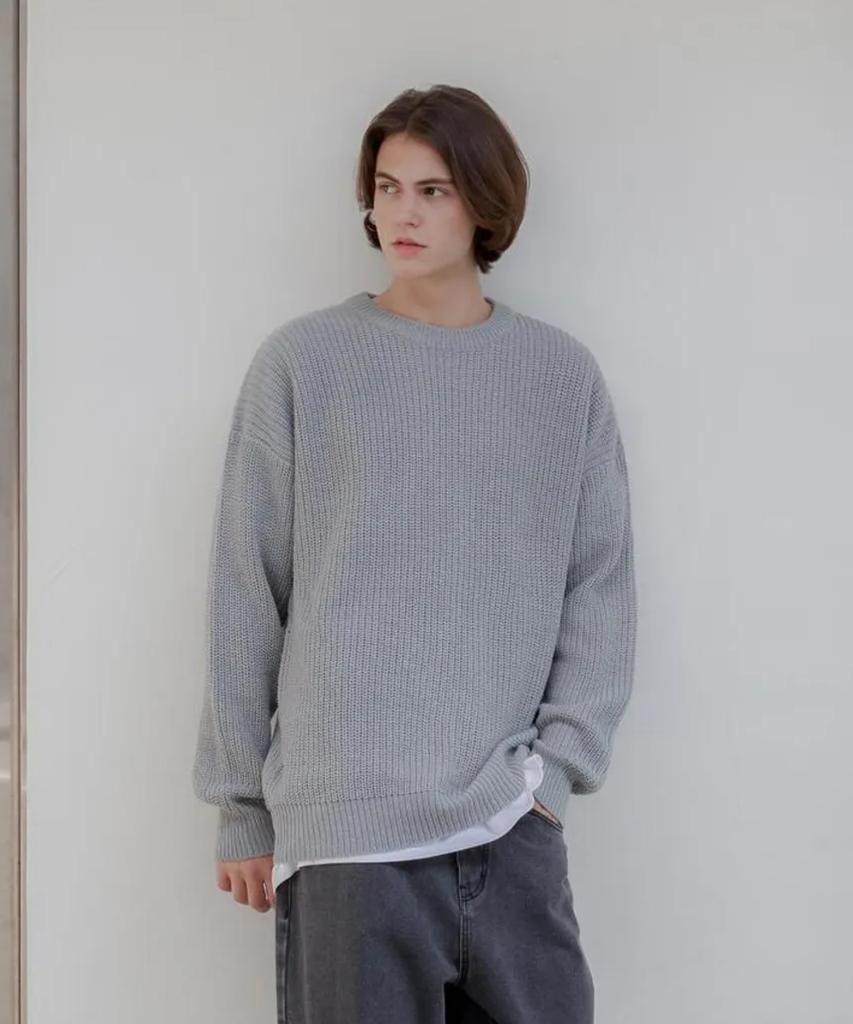 AGOD Crew Neck Ribbed Oversized Hacci Knit [Gray]
