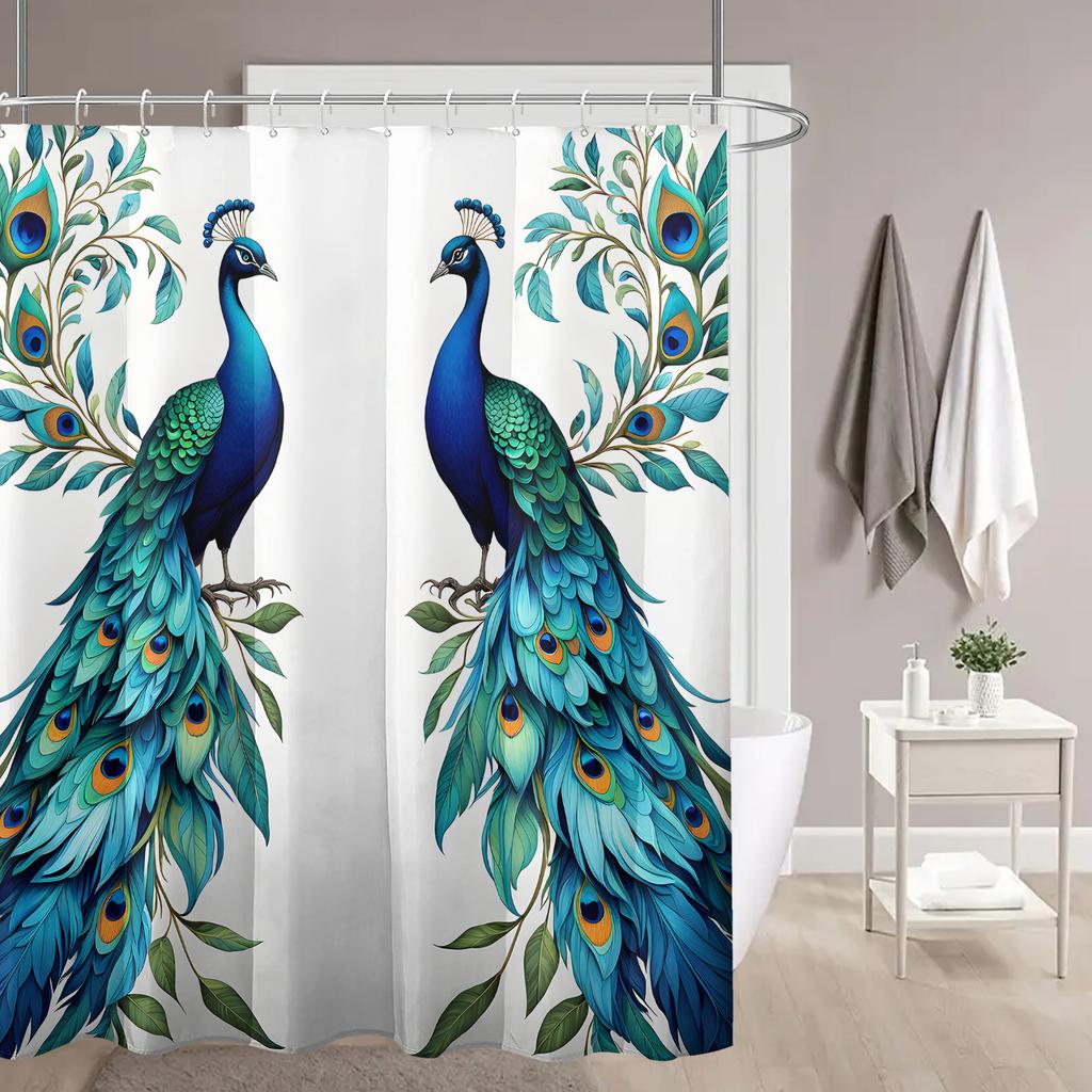 1pc Elegant Peacock Print Shower Curtain, 71x71 Inches, Polyester Fabric with Hooks, Vibrant Blue and Green Peacock Design,