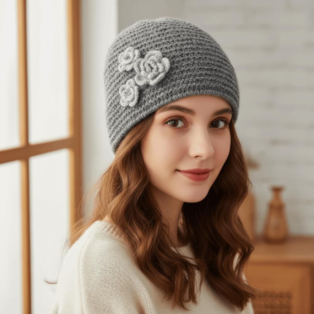 Elastic Knitted Woolen Hat Solid Color Flower Beanie Hat Personality Winter Warm Hat Girl