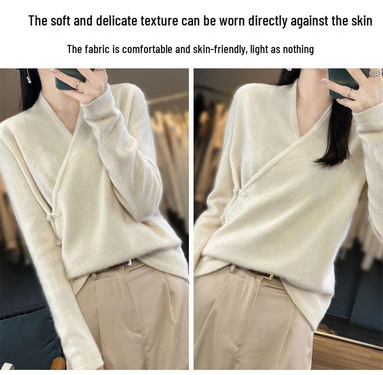 100% Pure Wool Women's Cross-Button Sweater - Trendy Autumn/Winter Base Layer Cashmere