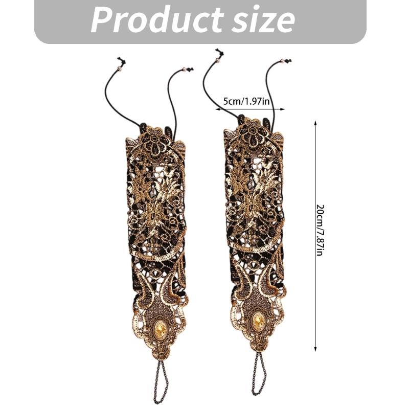 Retro-Inspired Gold Lace Gloves with Fingerless Form, Round Hand Accent, and Extended Cuffs for Evening Event