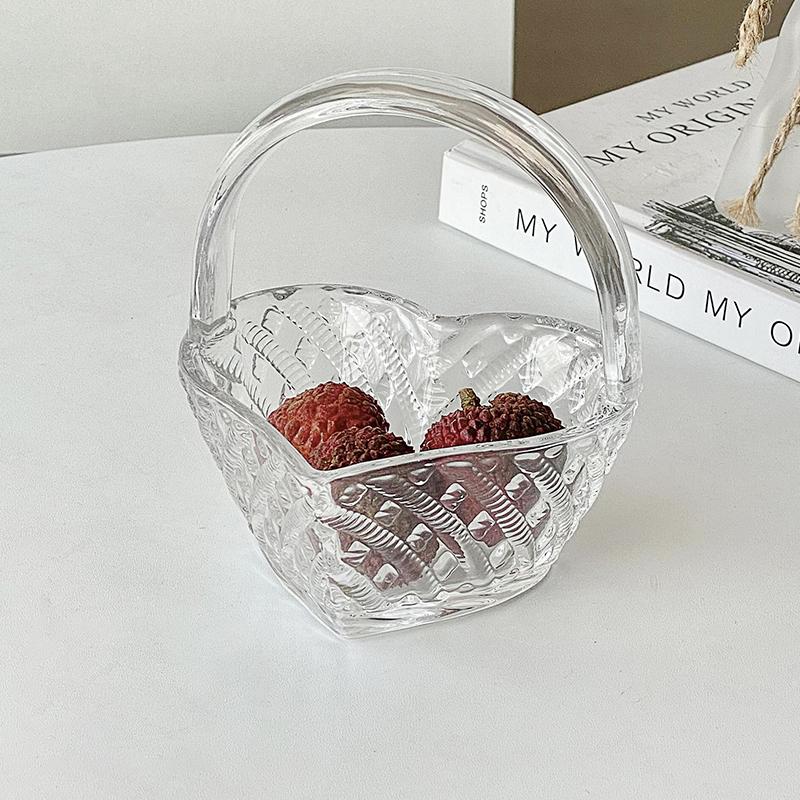 High Beauty Relief Rattan Woven Glass Fruit Basket Living Room Household Portable Dim Sum Tray European Transparent Snack Plate