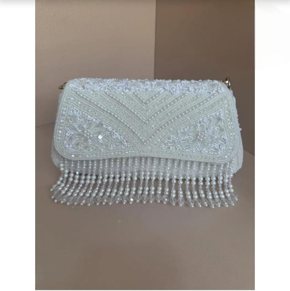 Handmade Beaded Bridal Clutch White Pearl & Sequin Evening Bag with Fringe Elegant Wedding Purse Handmade Party Bag Gift for Her