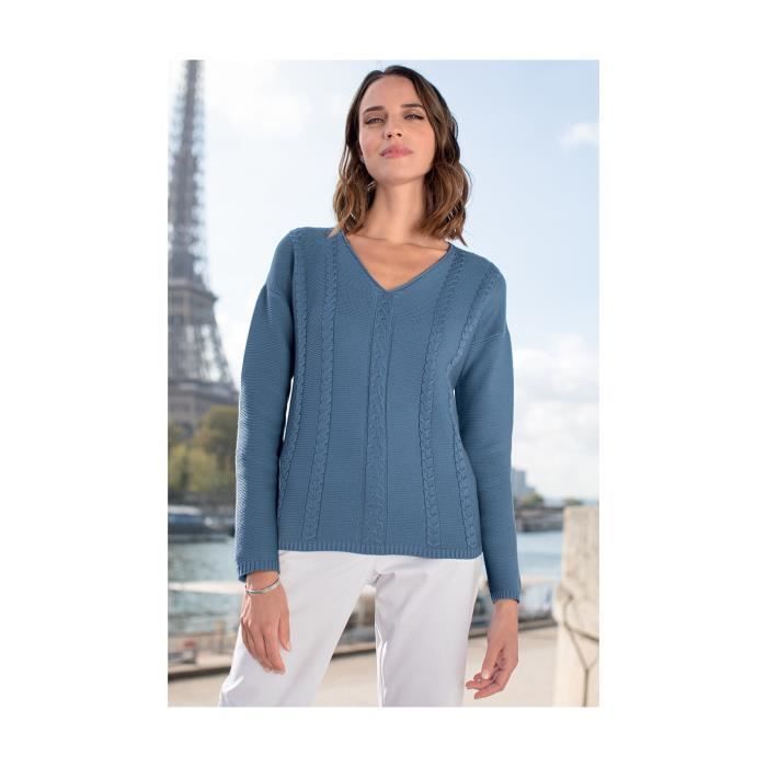 Pull Femme - B. SOLFIN - AJACCIO - Tricot 4 fils - Manches longues - Bleu infini