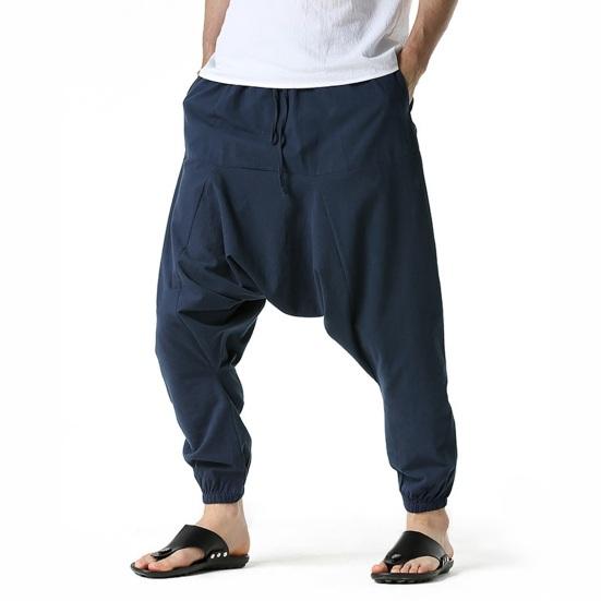 Drop Slacks Deep Crotch Mid-Rise Drawstring Elastic Waistband with Large Capacity Pockets Loose