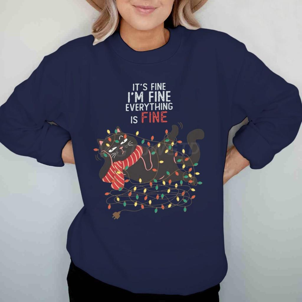 Weihnachtsgeschenke Outfits Oberteil Mir geht es gut Alles ist gut Grafikpullover Damen Fröhliche Weihnachten Katze Lichter Cartoon Sweatshirt