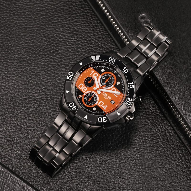 TIME100 Analog Watch with Black Case and Orange Waterproof and Sports Watch Men's Battery-Operated Dial, Easy-to-Read