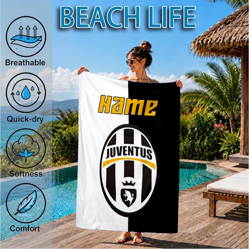 Custom Name Beach Towel Juventus FC Crest Design Microfiber Beach Towel, Lightweight for Summer Travel, Swimming Pool Fan Birthday Gift
