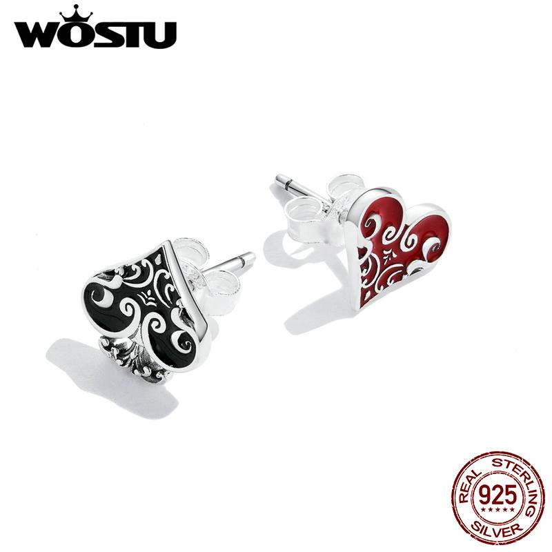 

WOSTU из стерлингового серебра 925 пробы, покерное сердце, асимметричные черные, красные серьги-гвоздики для женщин, модные вечерние ювелирные изделия, подарок A