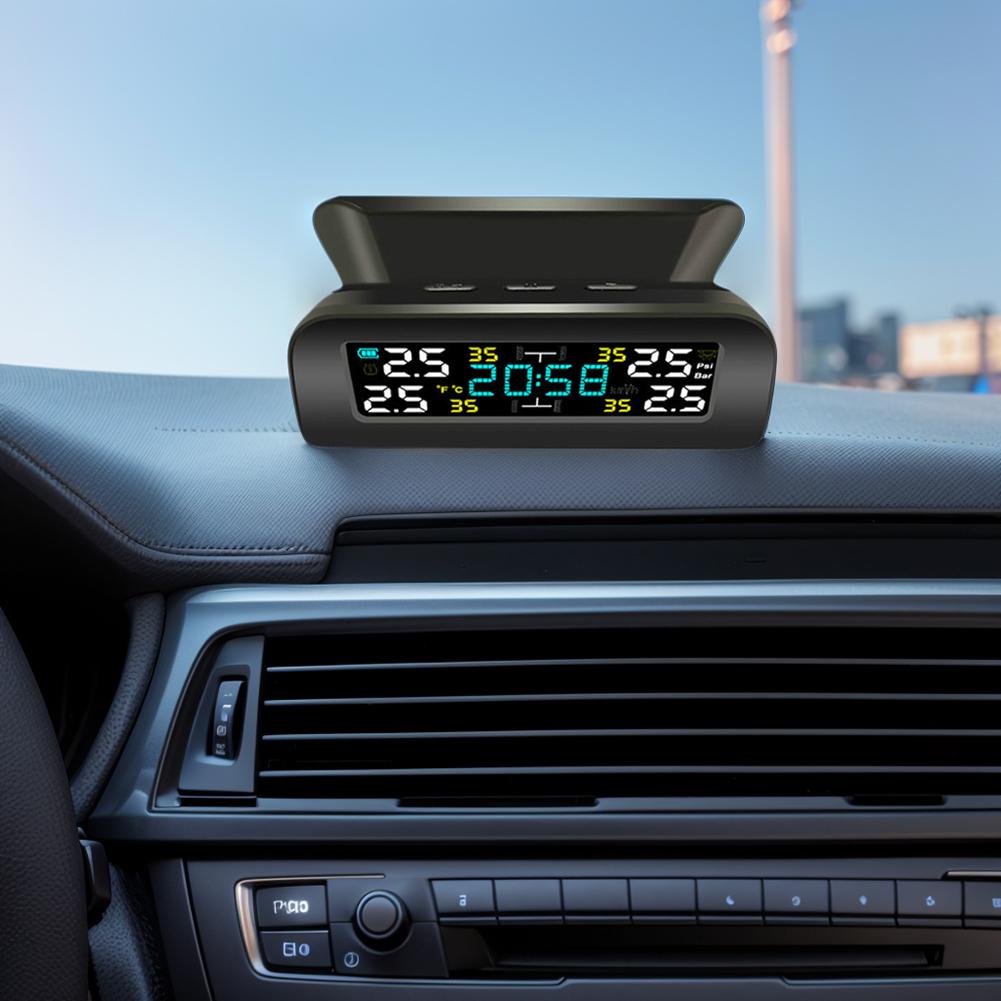Solar Power Smart Car TPMS LCD Display Auto Security Temperature Alarm System High Precision External/Internal Sensor with Clock
