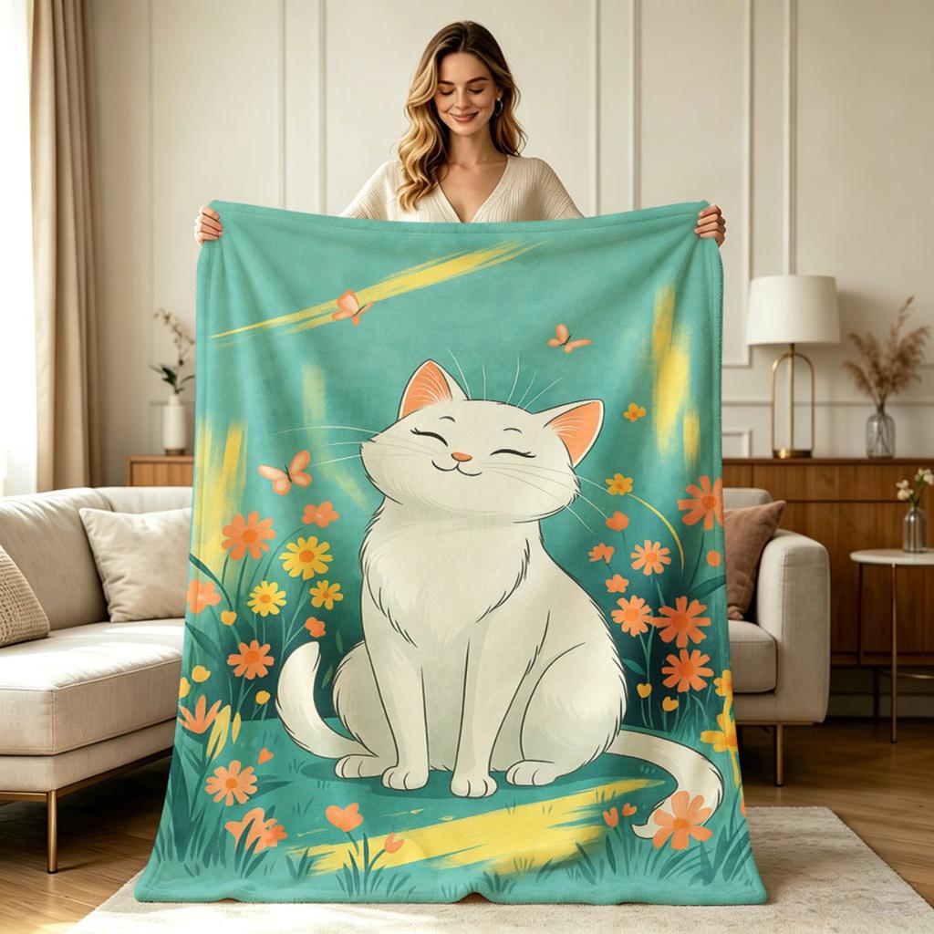 Soft Flannel Throw Blanket with Cute Smiling White Cat and Flower Garden Butterfly Print All Season Warm Cozy Lightweight Blanket for Sofa Couch Chair