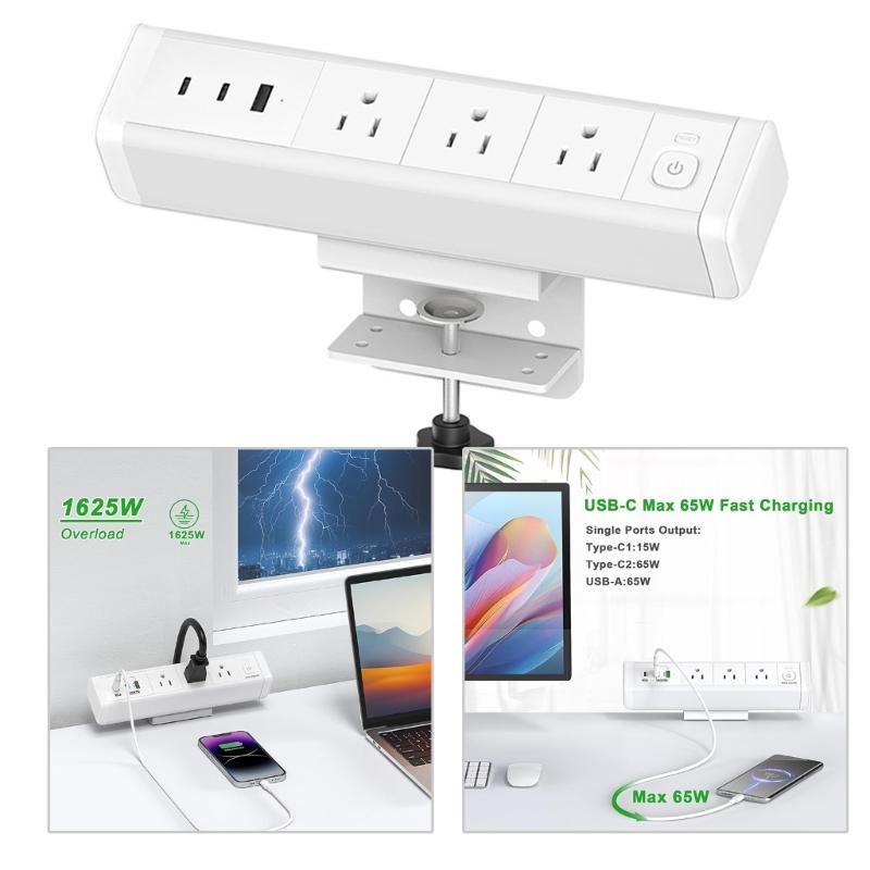 3 Outlet Desk Clamp Power Strips with USB C, Flat Plug Desktop Edges Power Strips, Desk Mount Clamp Socket Connect