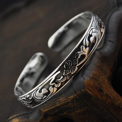 Classic Retro Fashion Miao Silver Bracelet Women's Ethnic Style Lotus Leaf Pattern Bracelet Retro Open Bracelet Jewelry