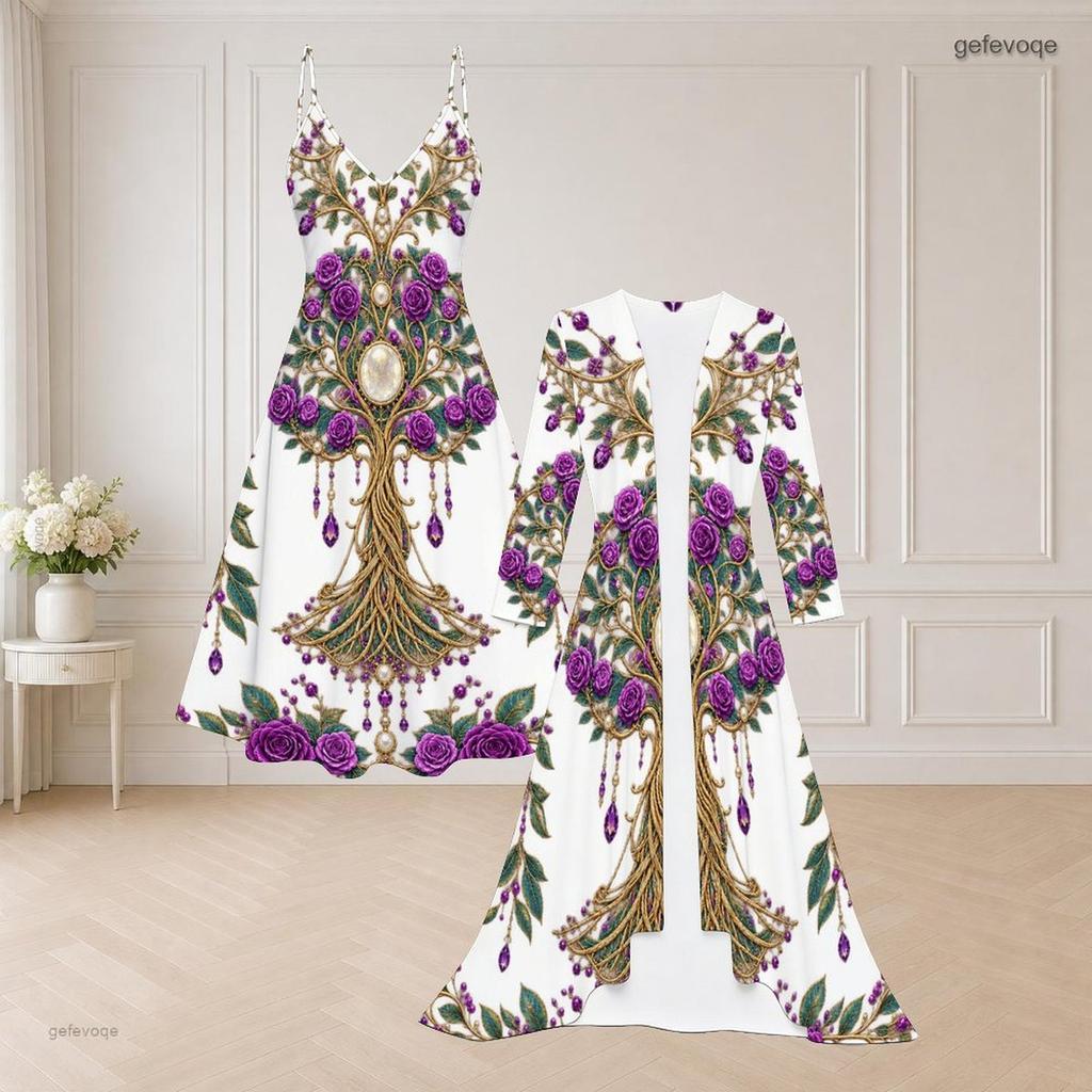 Women Plus Size Two Piece Set Black Blue Green Printed Strappy V Neck Flared Dress Long Sleeve Open Front Long Cardigan