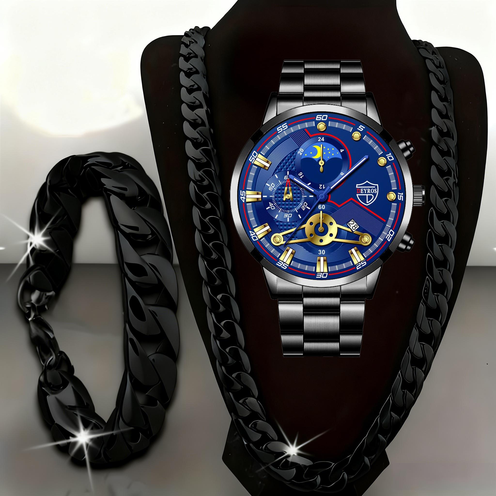 Спортивный набор часов 3 шт. Мужской кварцевый набор часов Мужской браслет Мужское ожерелье Набор браслетов из нержавеющей стали Повседневные часы для мужчин