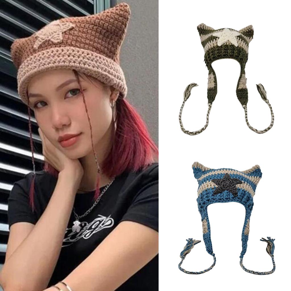 Cat Ear Beanie Hat for Women Harajuku Style Star Patched Earflap Hat Handmade Crochet Hat Y2K Sweet Winter Warm Headwear