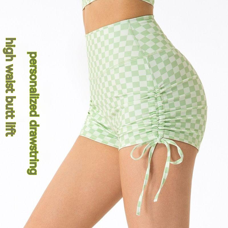 

Шорты для фитнеса в шахматную клетку на шнуровке с высокой талией, бедра, йога, три
