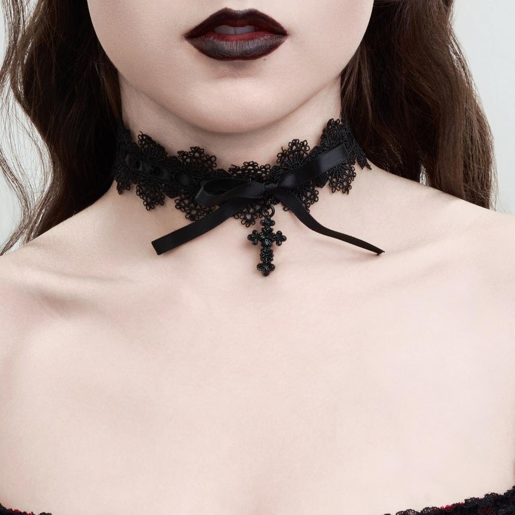 Sweet Cool Lolita Bow Love Necklace Necklace, Black Lace Up Choker Jewelry