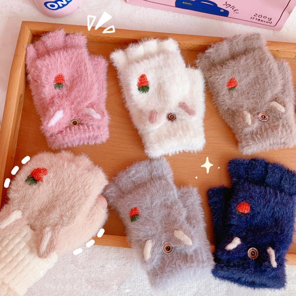 Cute Work For Girls Fingerless Plush Flip Korean Mittens Strawberry Half Finger Gloves Women Gloves