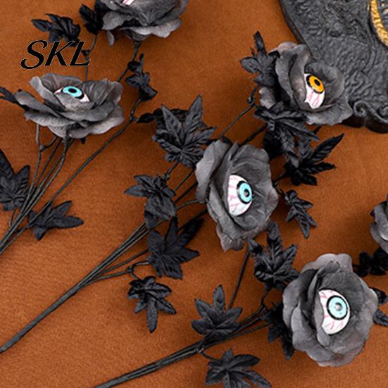 Halloween Themed Decor Eyeball Flower Stem, Artificial Rose Floral Pick with Eyeball, Party Decorations Gothic Black Branches for Vase, Home