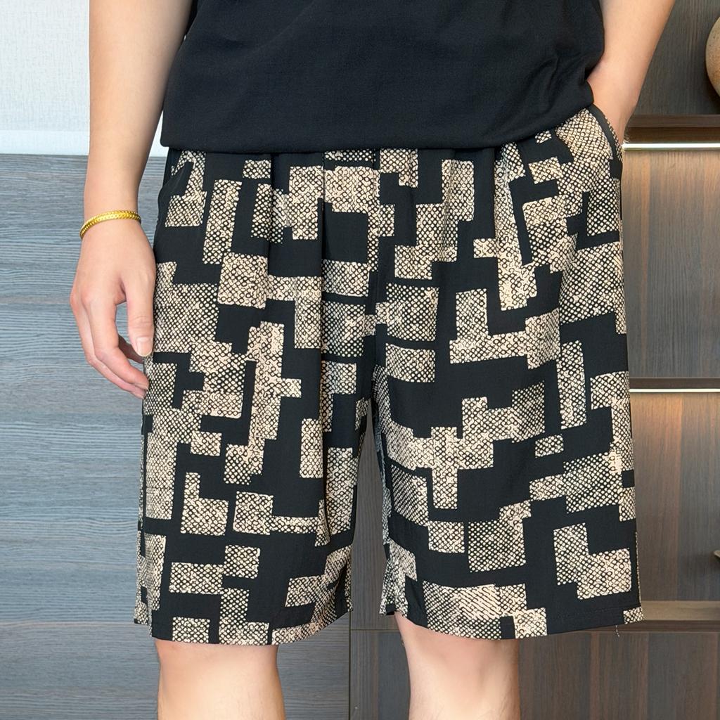 Summer men's cotton and silk starfish shell printed shorts loose home pajama pants can be worn outside summer double pocket cool pants