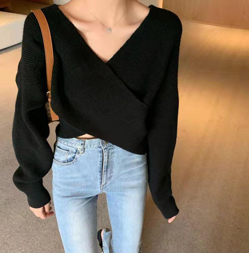 Koreanischer schicker Vintage-Strickpullover mit V-Ausschnitt und Fledermausärmeln für Damen