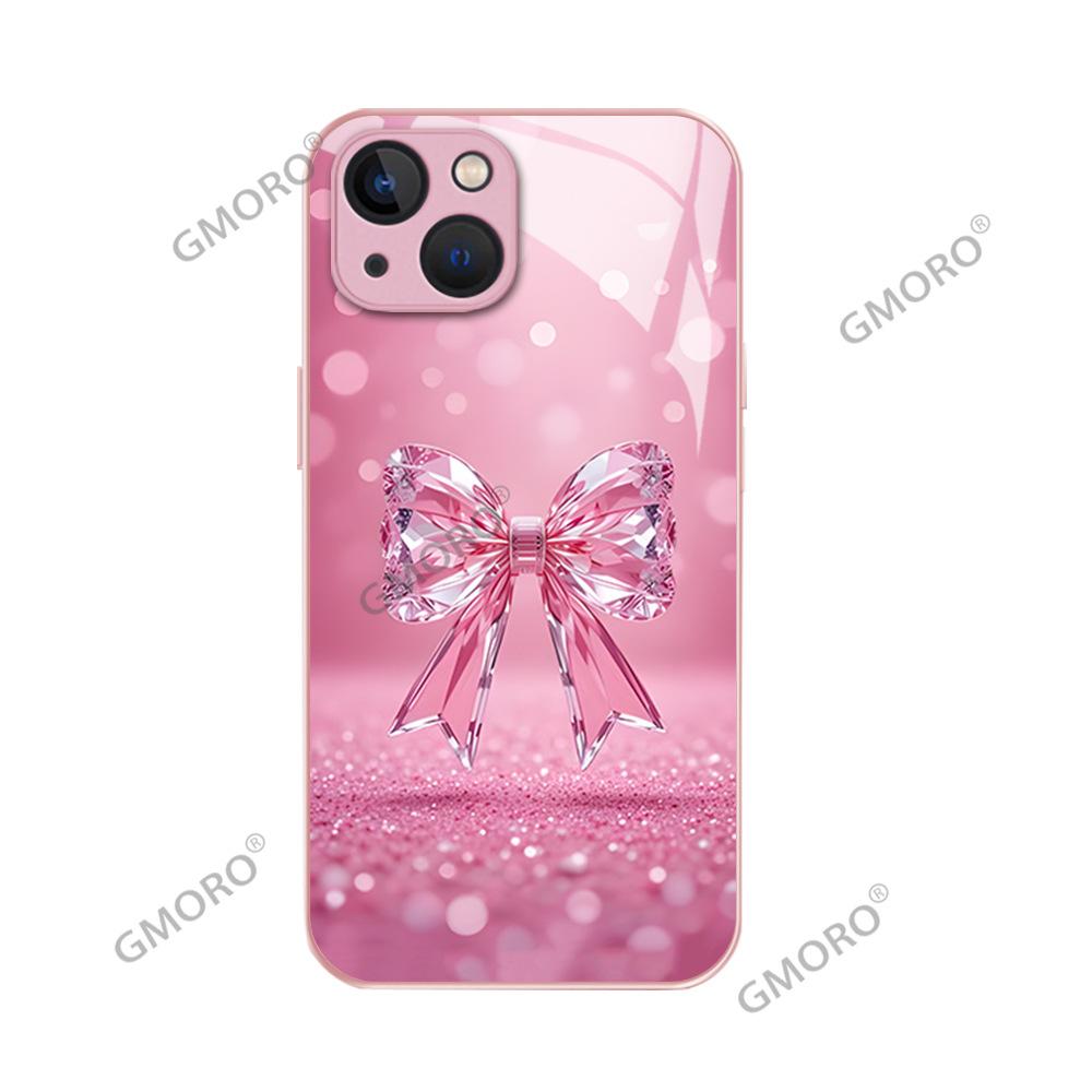 The New Crystal Bow Is Suitable for Apple 16pro Premium Mobile Phone Case 17 Girly Pink Glass Case.