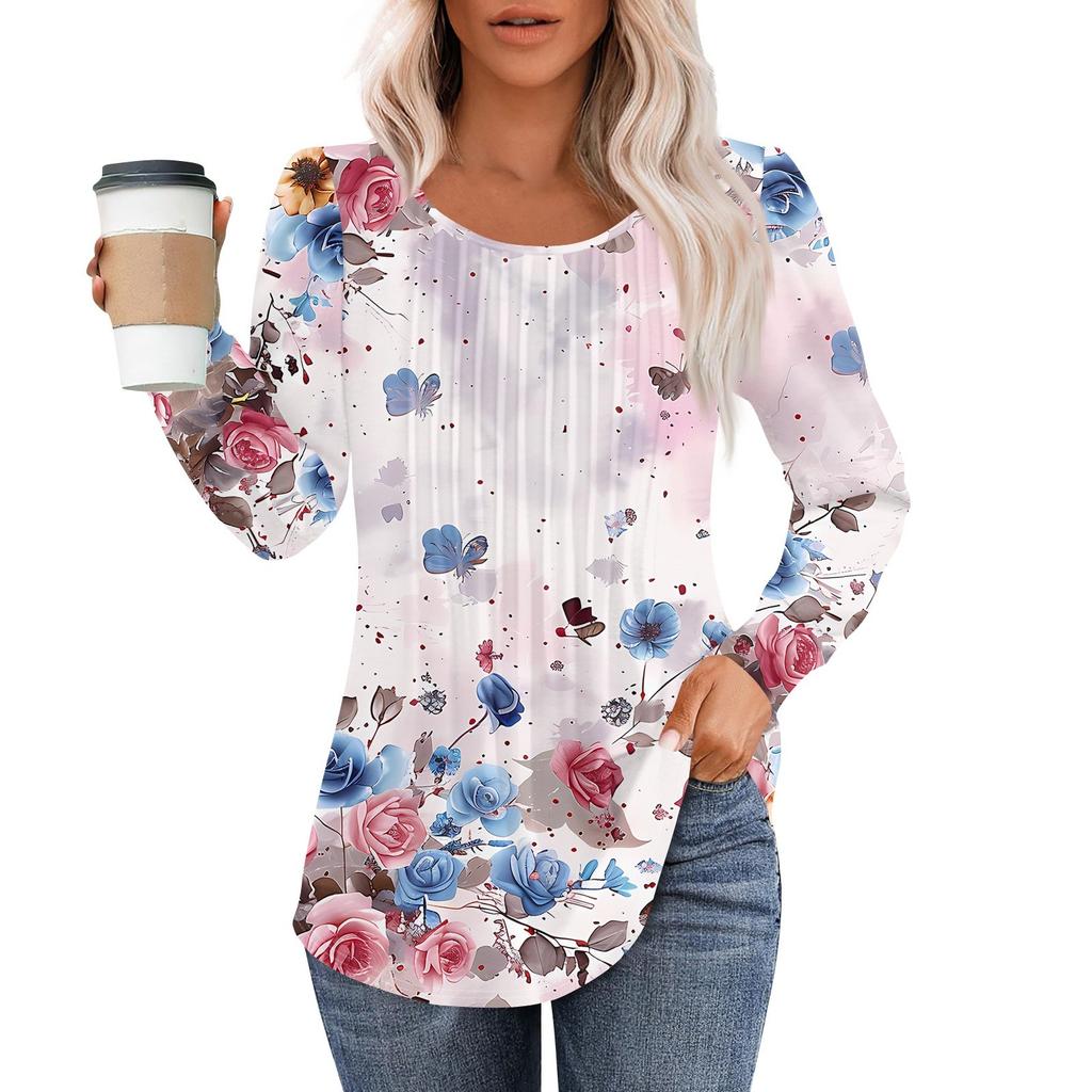 Long Sleeve Shirts For Women Tops Dressy Casual Blouses Pleated Scooped Neck Tunic Tops