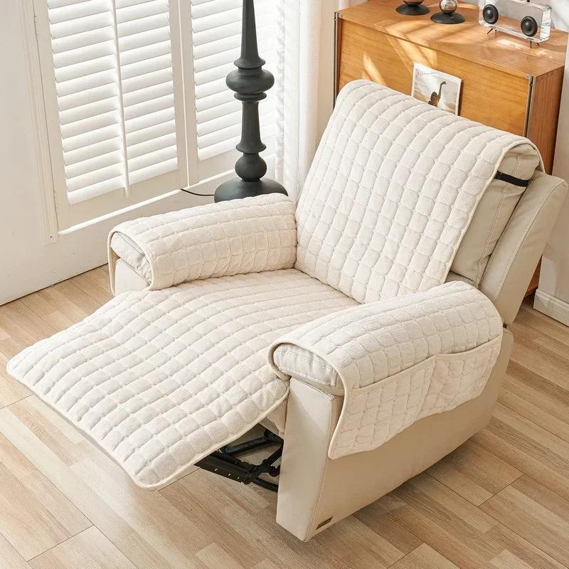 1 Seat Thick Flannel Recliner Sofa Cover Non-Slip Armchair Cover Plaid Soft Single Sofa Case Chair Slipcover for Living Room