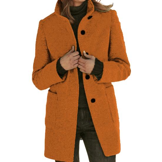 Women Winter Overcoat Single-breasted Retro Stand Collar Long Sleeves Buttons Cardigan Mid Length Spring Autumn Outdoor Woolen Coat