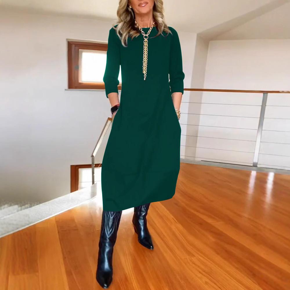 Basic Solid Color Long Sleeve Dress For Work And Casual Wear With High Waist For Winter
