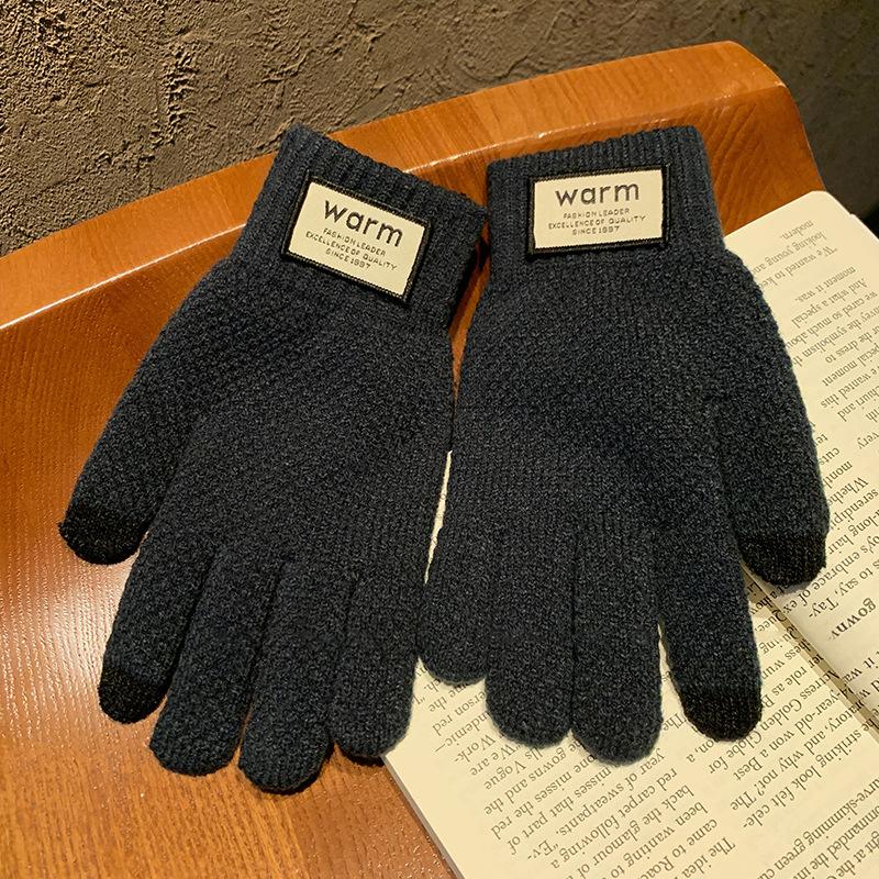 

Autumn And Winter Knitted Wool Gloves Thick Warm Cycling Non-Slip Five-Finger Touch Screen Gloves Unisex синий