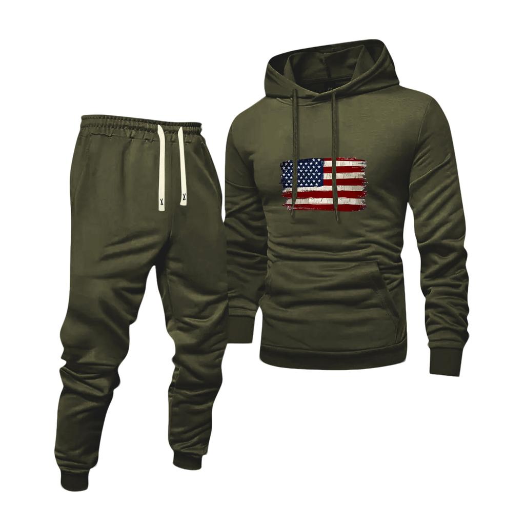 Men's Solid Color Flag Print Hooded Universal Versatile Hooded Sweatshirt Sweatpants Casual Sports Suit