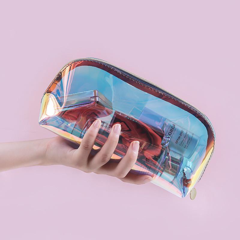 Iridescent Half-Circle Laser Makeup Bag - Transparent TPU Storage for Travel Cosmetics & Toiletries