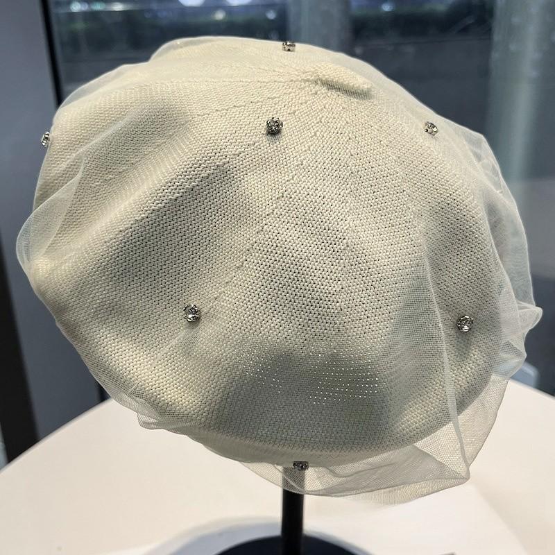 Lady Ballet Beret Hat With Pearl Mesh Embellishment For Casual Summer And Spring Wear