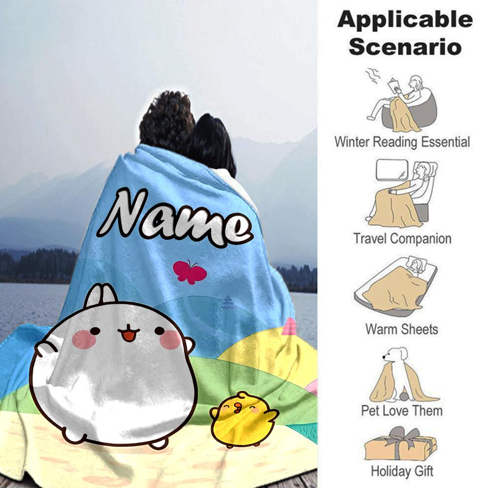 Customiz Name Personality Molang Blanket Soft &Warm Sofa Office Bed Travel Lunch Break Blanket, Gift Suitable All Seasons