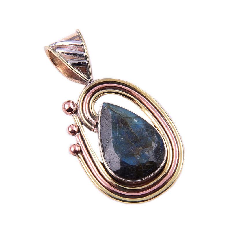 Natural Labradorite 925 Solid Sterling Silver Jewelry TwoTone Pendant 1.50" Q0N98