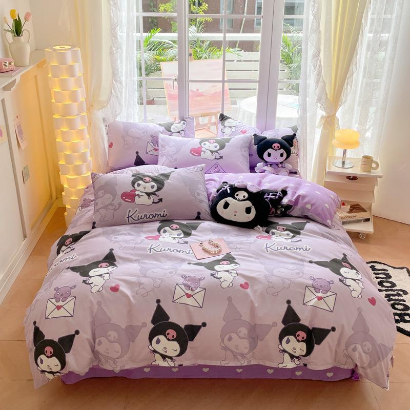 Hello Kitty All-Cotton Cute Cartoon Girl Fitted Sheet & Duvet Set - 4-Pc Dorm Style
